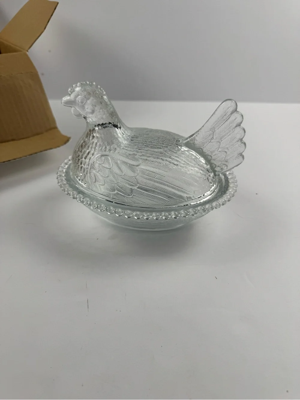 Vintage Indiana glass hen on a nest with original box clear